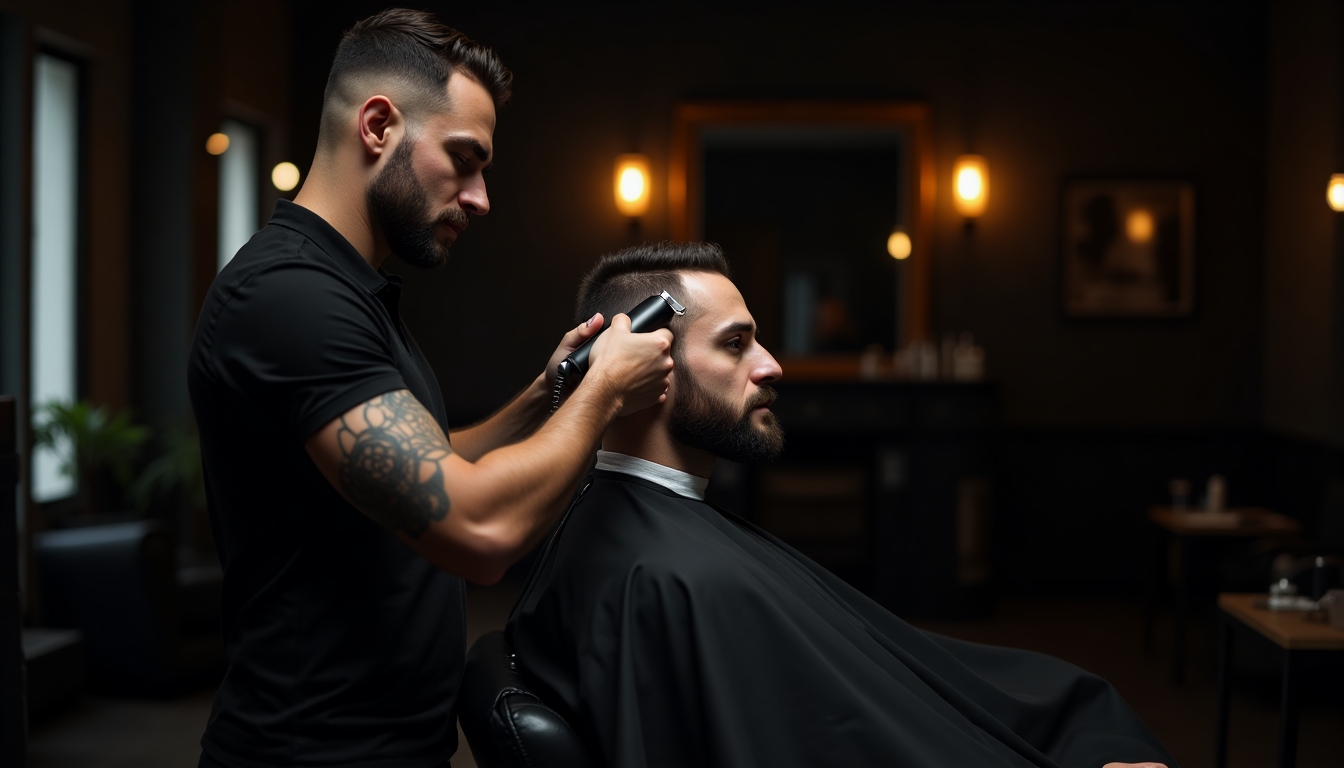 Skilled barber shaping a client’s beard in a premium, dimly lit barbershop