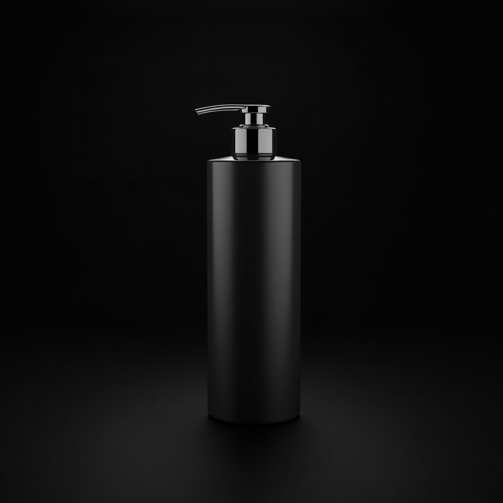 Tall dark shampoo bottle with metallic pump