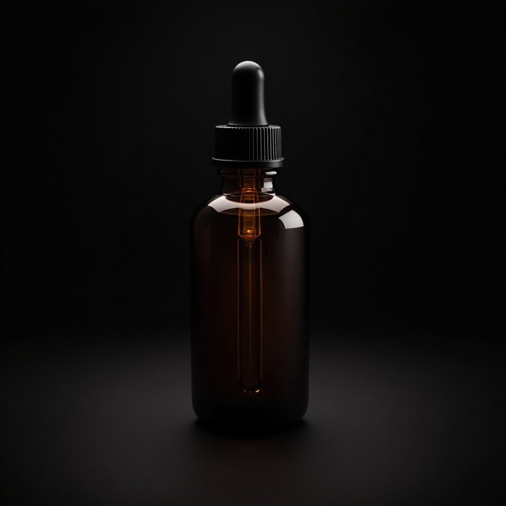 Amber glass beard oil bottle with dropper and minimalist label