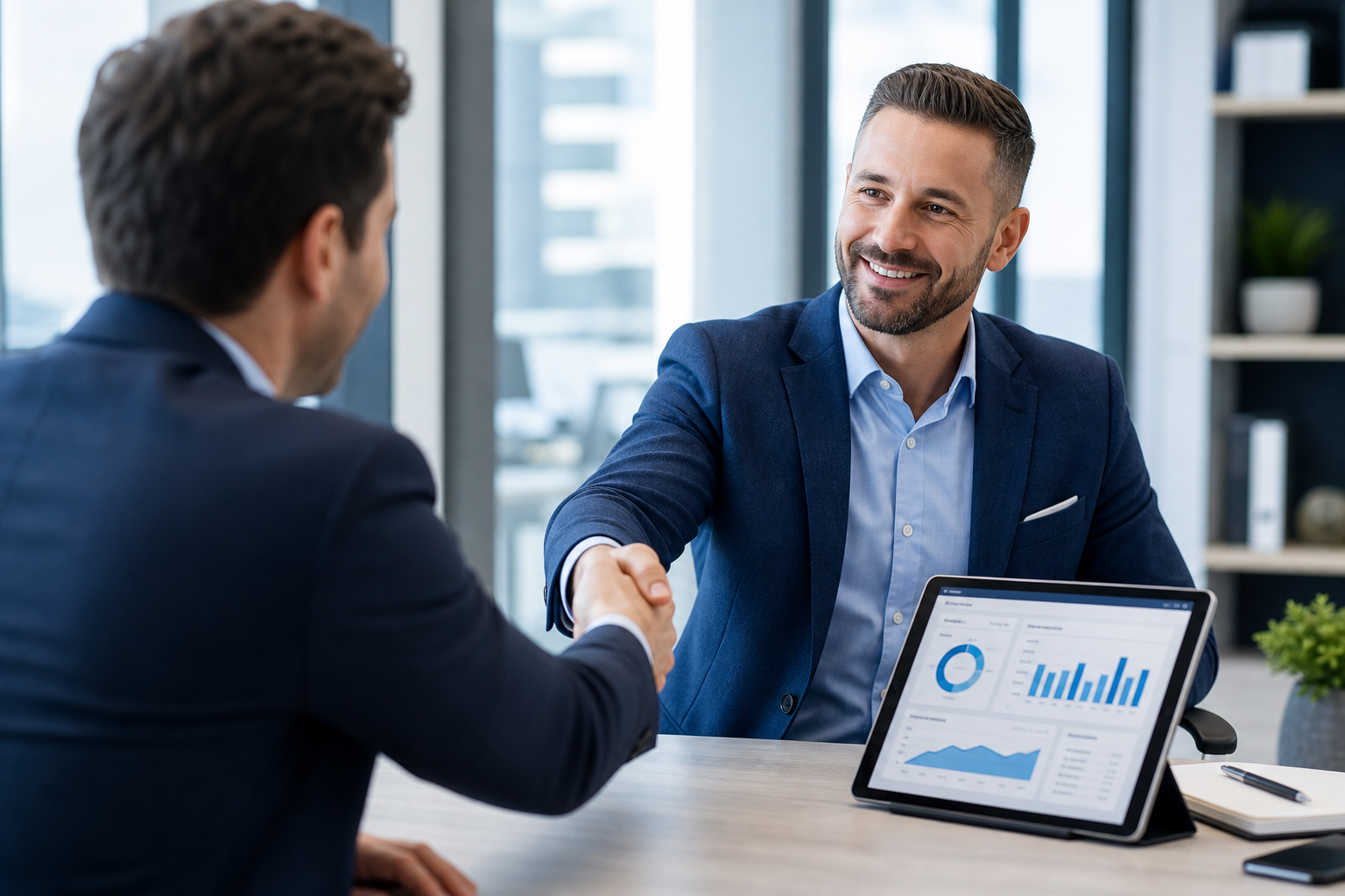 Two business professionals shaking hands beside a tablet displaying payment analytics