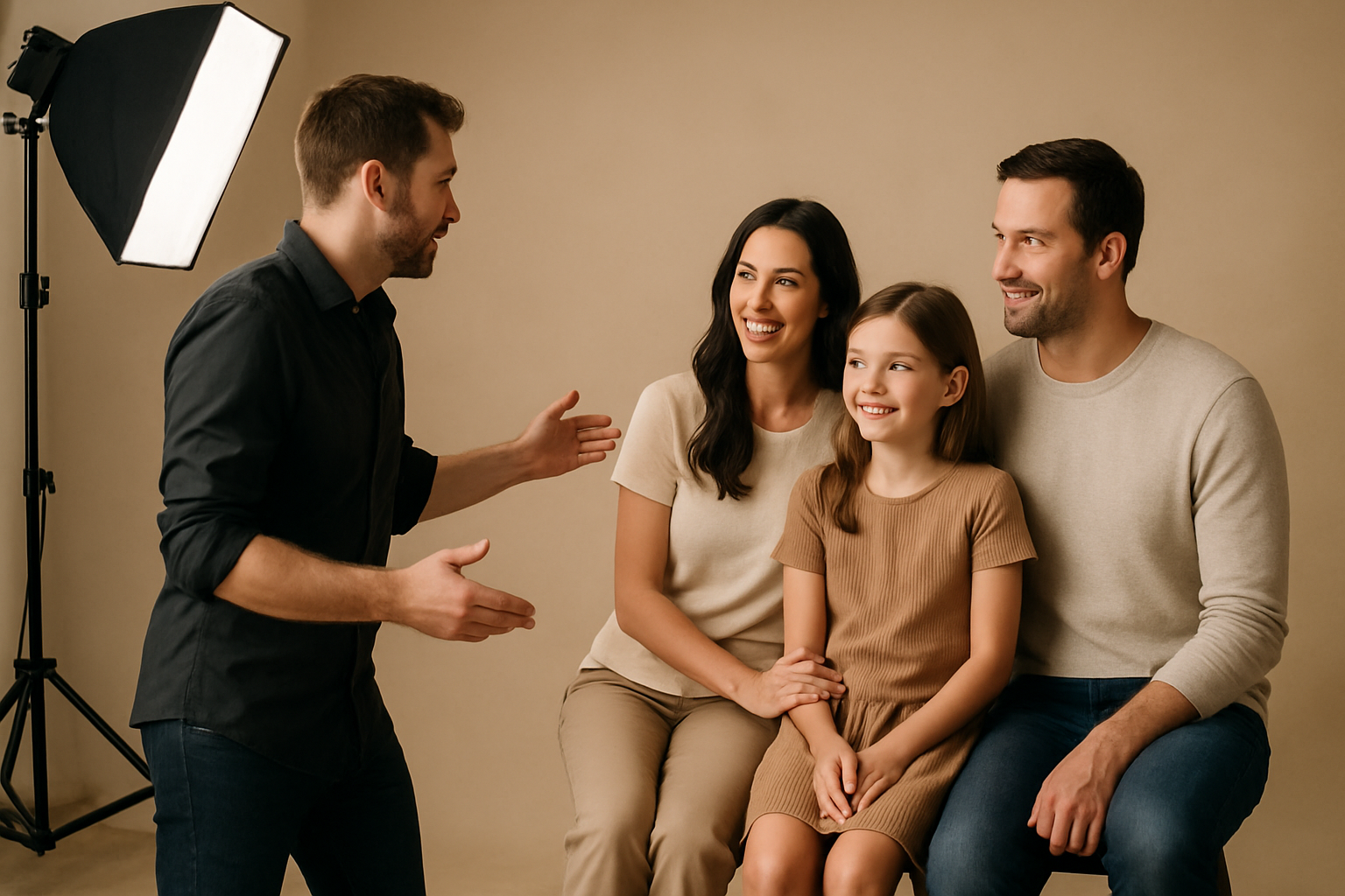 Professional photographer guiding a family during a studio session with softbox lighting and neutral backdrops