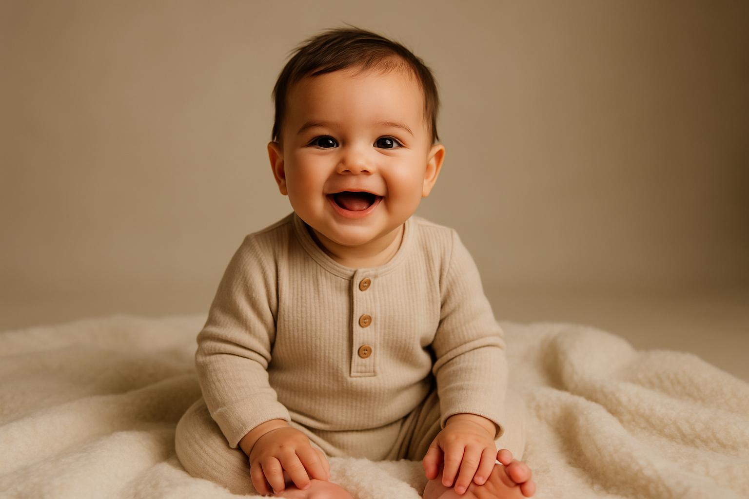 Smiling baby in a cozy studio portrait session with soft warm lighting and neutral backdrops