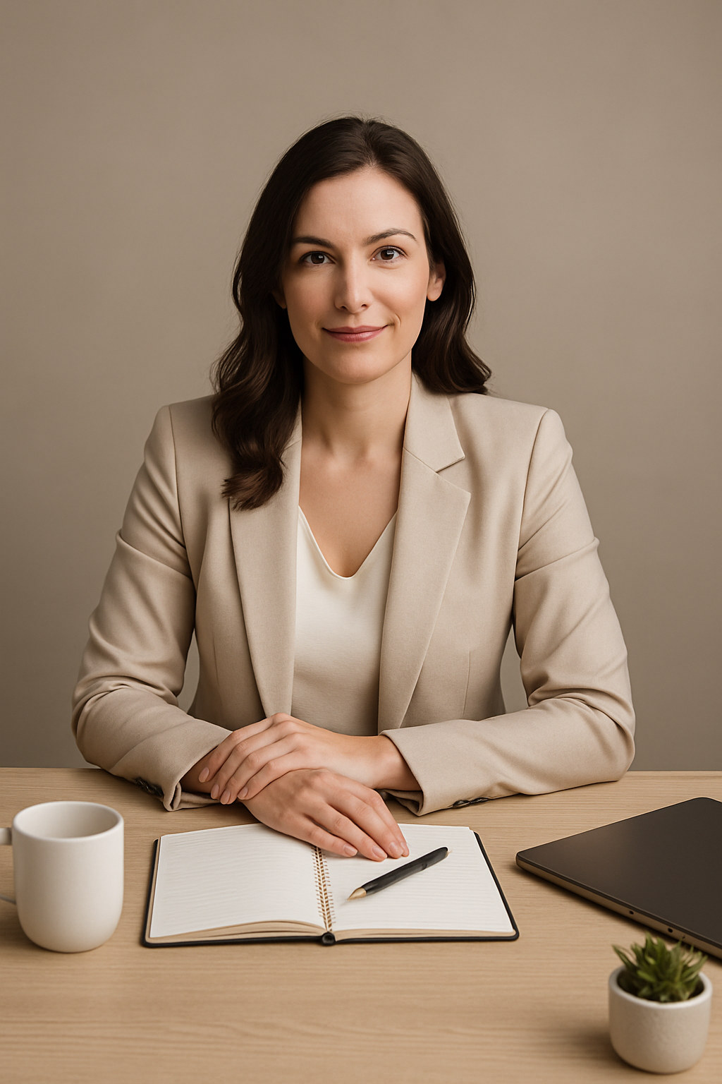 Female entrepreneur in a light blazer seated at a styled desk for a branding shoot