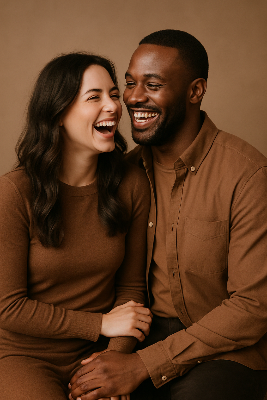 Couple in coordinated earth-tone outfits sharing a candid laugh in a studio setting