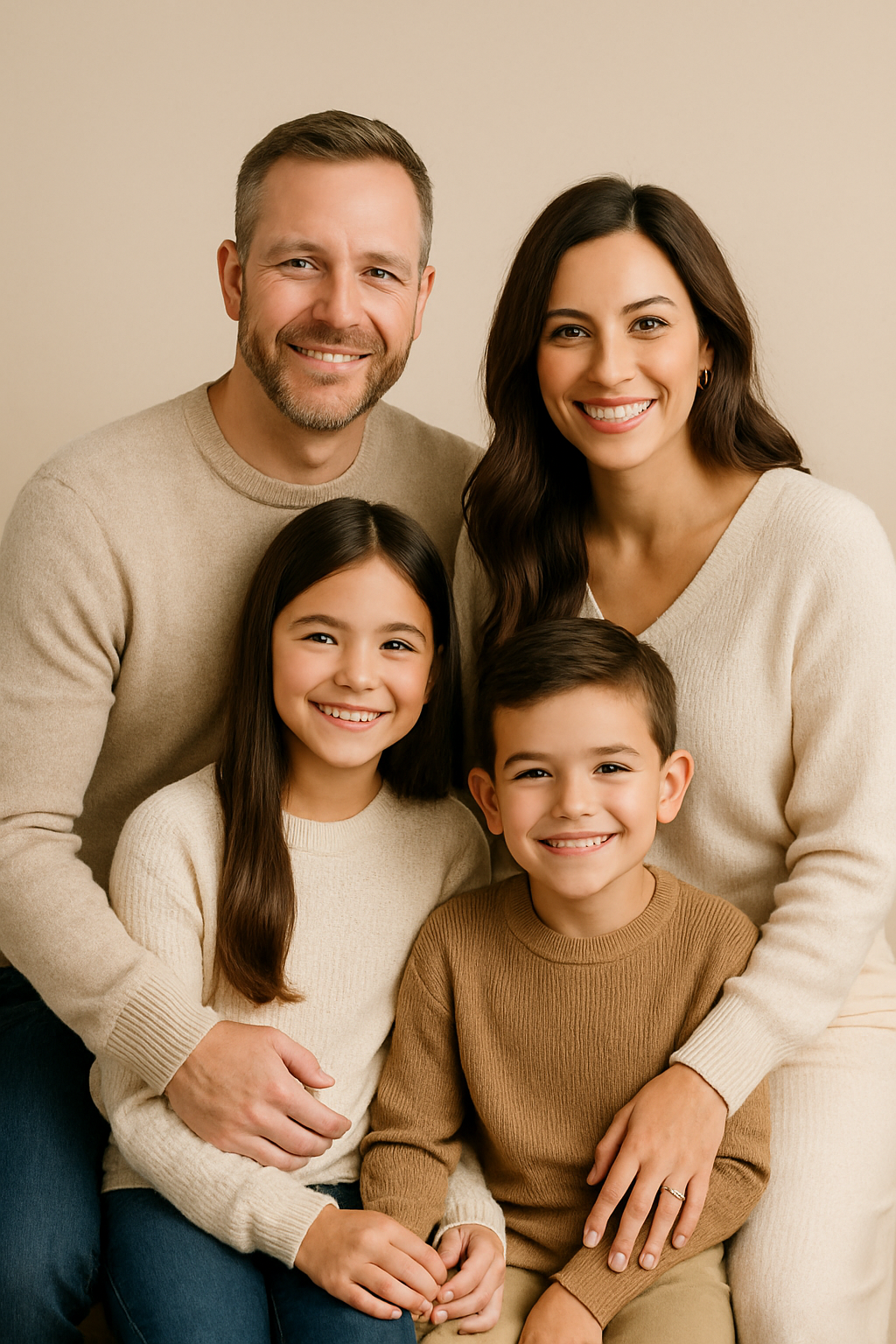 Smiling family of four in warm neutral outfits posed together in a bright studio