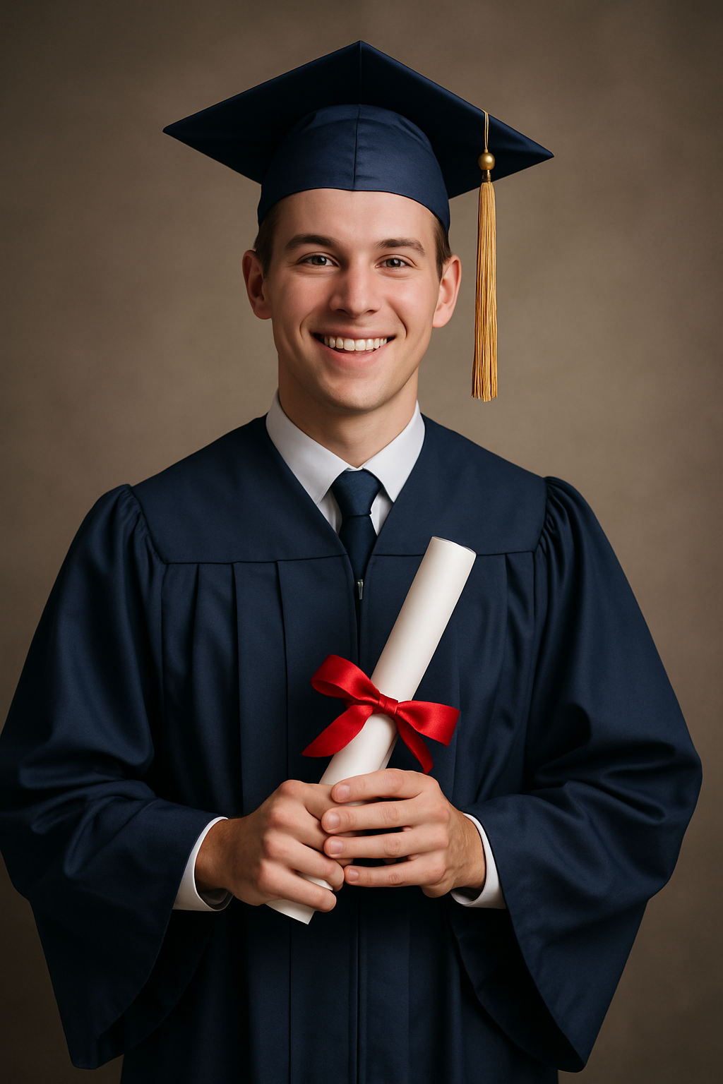 Graduate in a navy cap and gown holding a diploma against a soft studio backdrop
