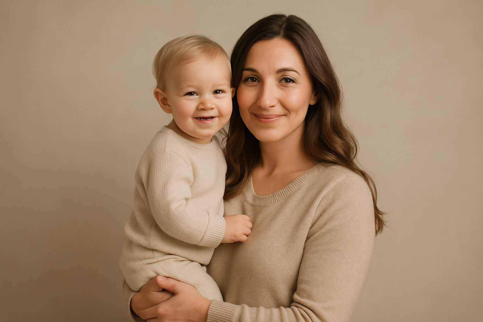 Warm studio portrait of a mother holding her young child in soft neutral light