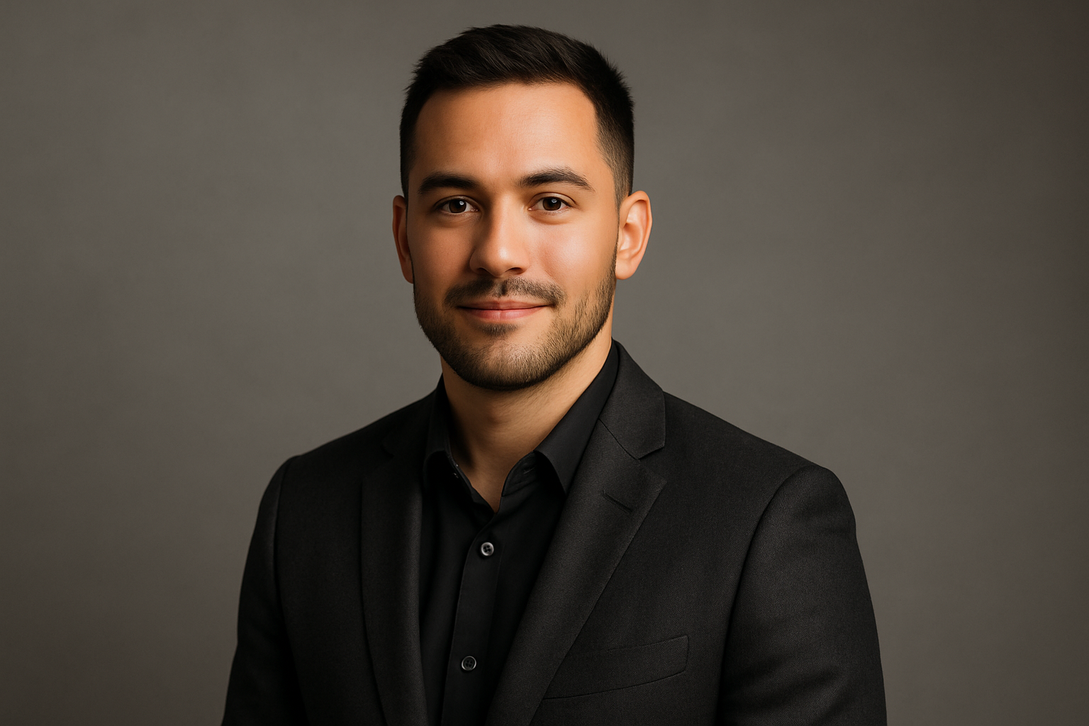Confident young professional in a charcoal blazer photographed in a softly lit studio portrait