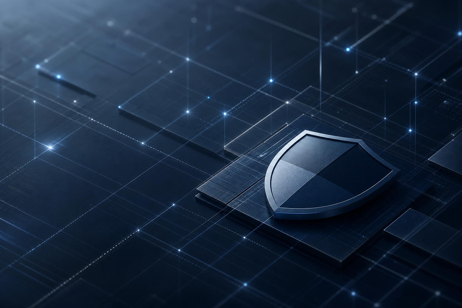 Abstract premium cybersecurity visualization with steel-blue geometric grid lines, subtle luminous nodes, and dark minimal background