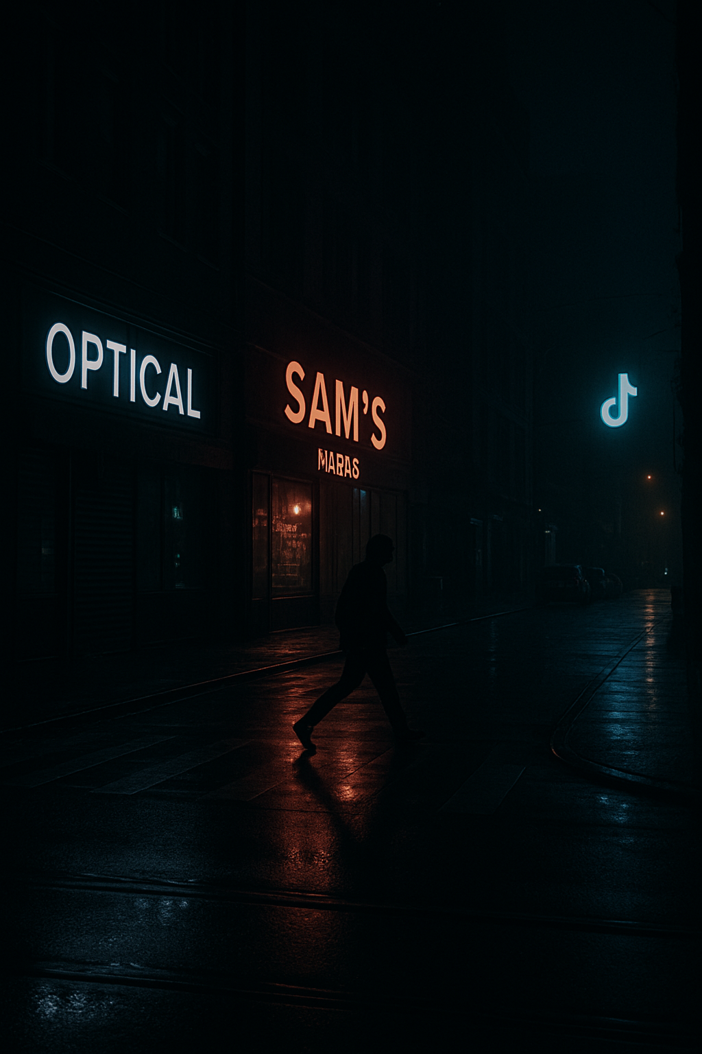 Moody nighttime city street with wet pavement reflecting neon signage and a lone silhouette crossing