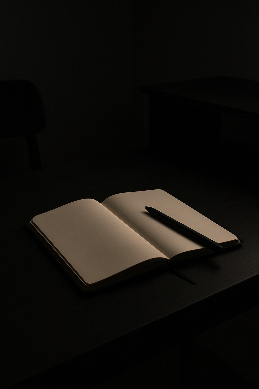 A simple writing desk with an open journal, sleek pen, and dim ambient light