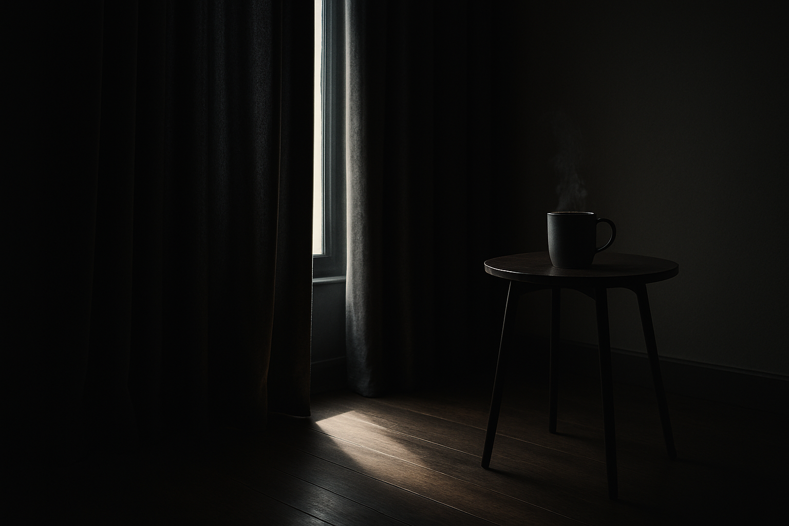 Soft morning light spilling through tall curtains onto a dark wood floor, with a steaming mug on a small side table