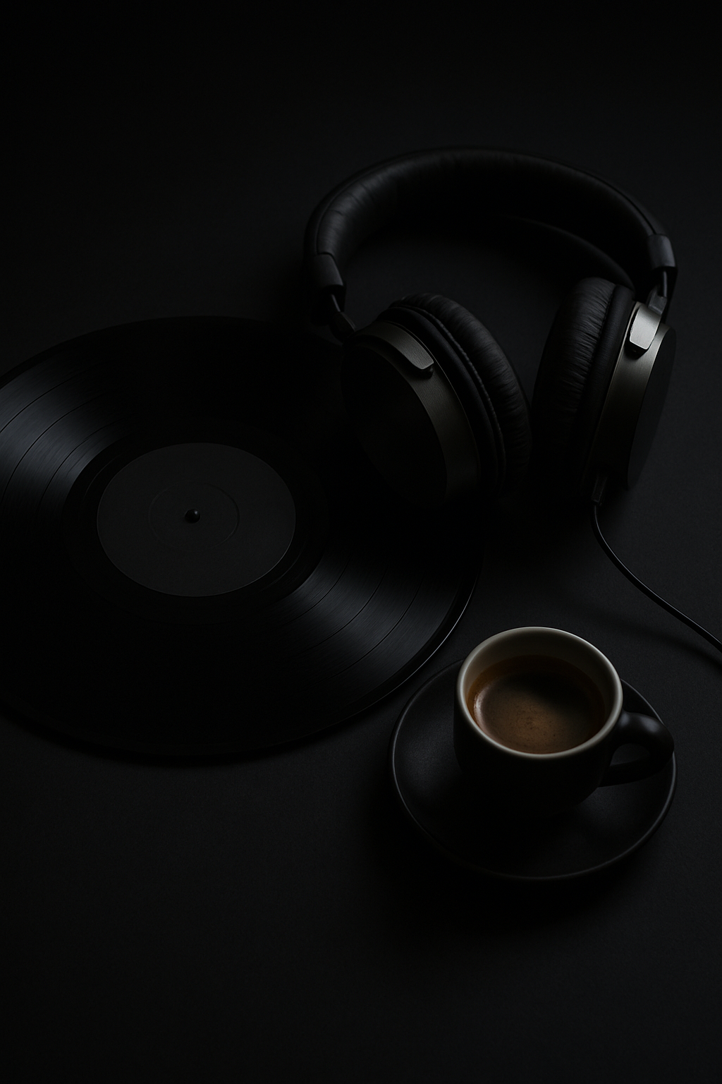 Minimalist tabletop with a black vinyl record, silver headphones, and a small espresso cup in low light