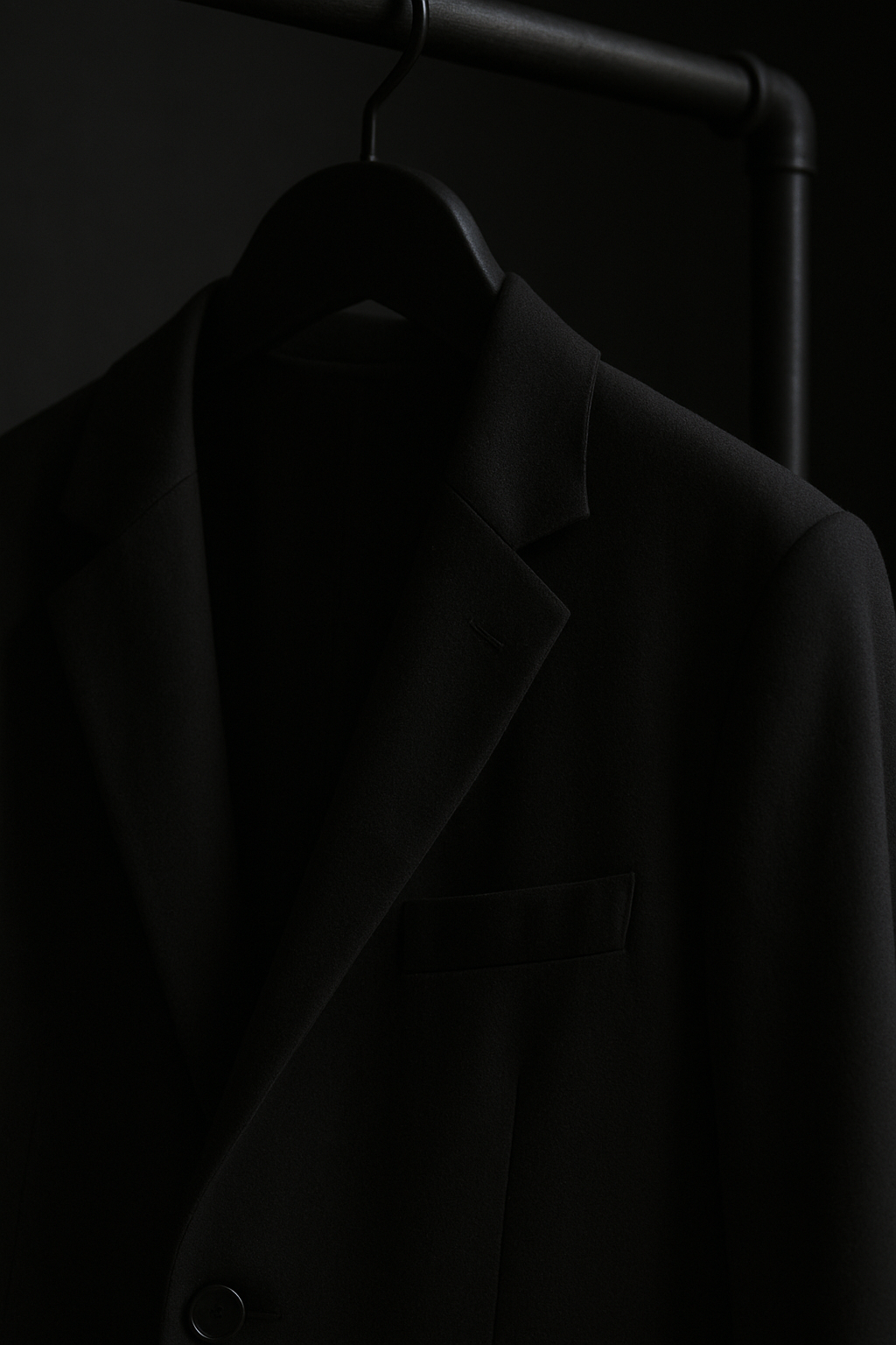 Close-up of a minimalist black outfit hanging on a rack with matte textures and soft shadows