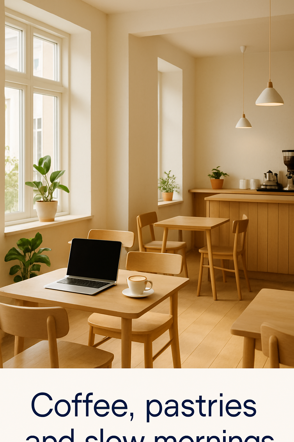 Warm interior of North Dock Coffee with wooden tables, natural light, and plants