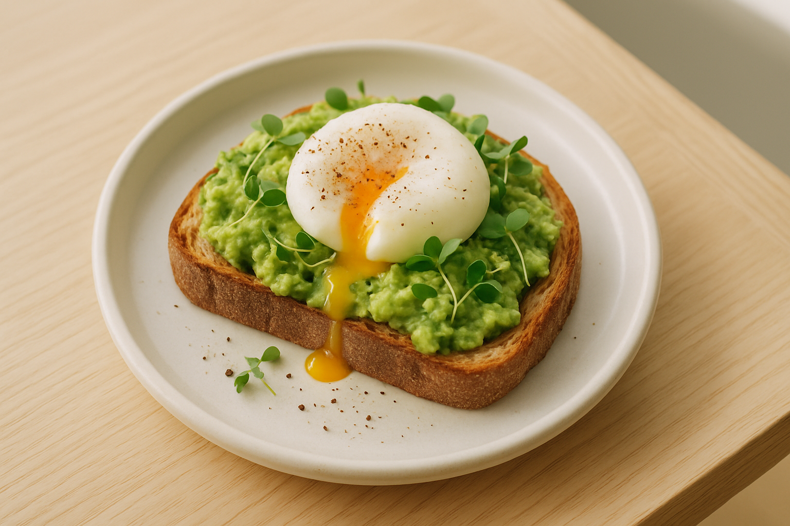 Open-faced avocado tartine with poached egg and microgreens on a white plate