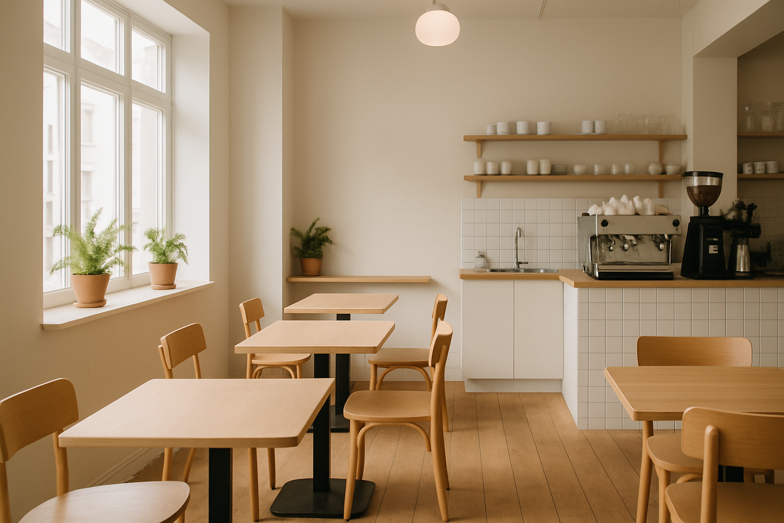 Bright Scandinavian-style cafe interior with light wood tables, warm sunlight streaming through large windows, and a cozy neighborhood coffee shop atmosphere