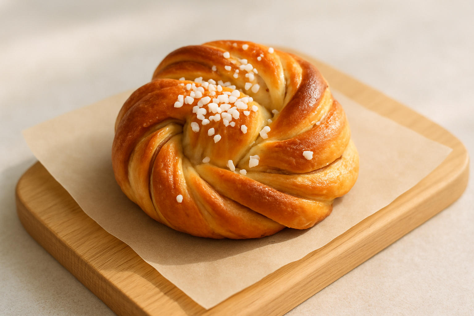 Golden cardamom bun with pearl sugar on parchment paper
