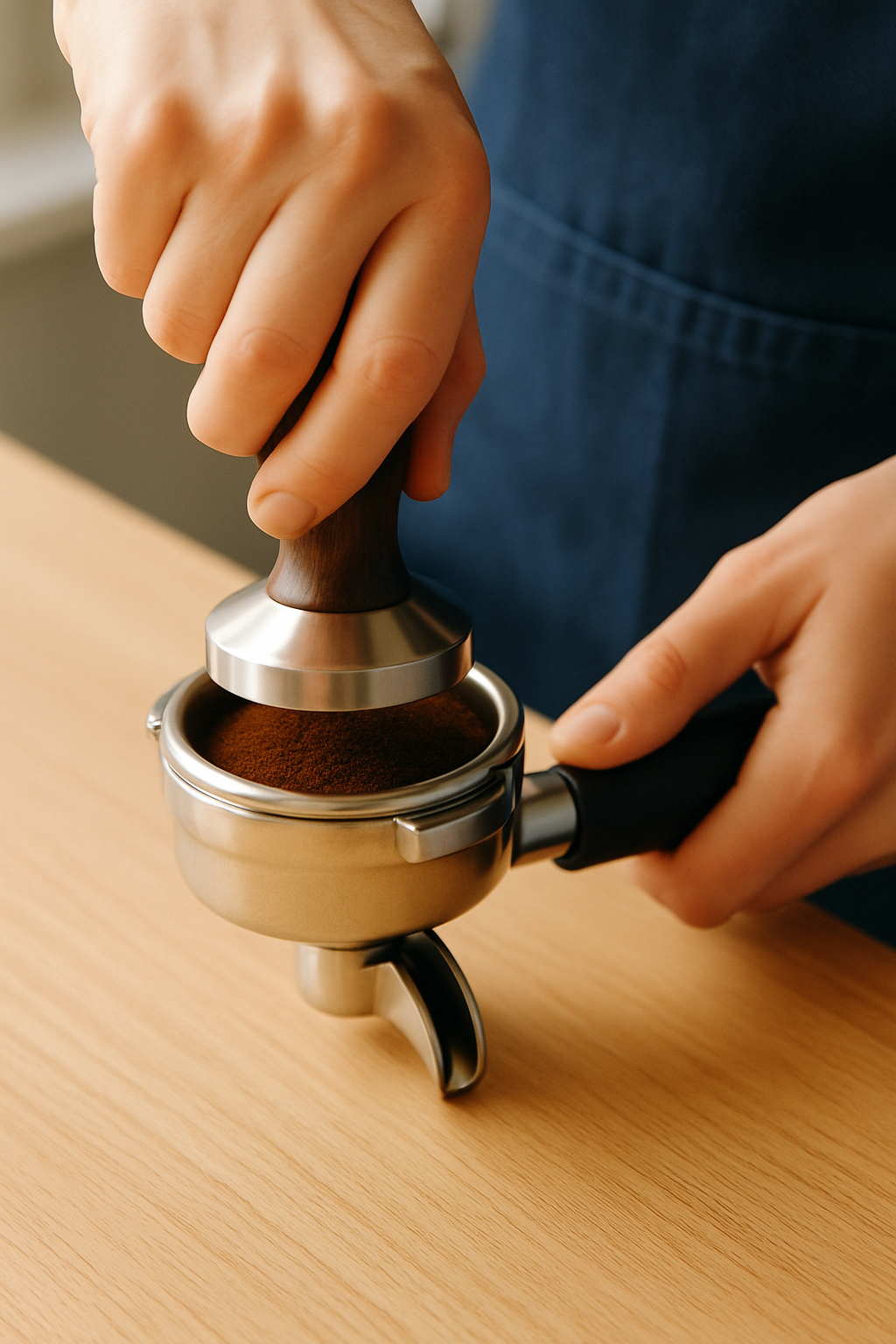 Close-up of barista hands tamping espresso in a portafilter