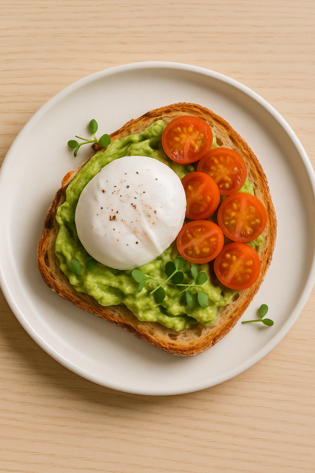 Brunch plate with avocado toast, poached egg, and cherry tomatoes on white ceramic