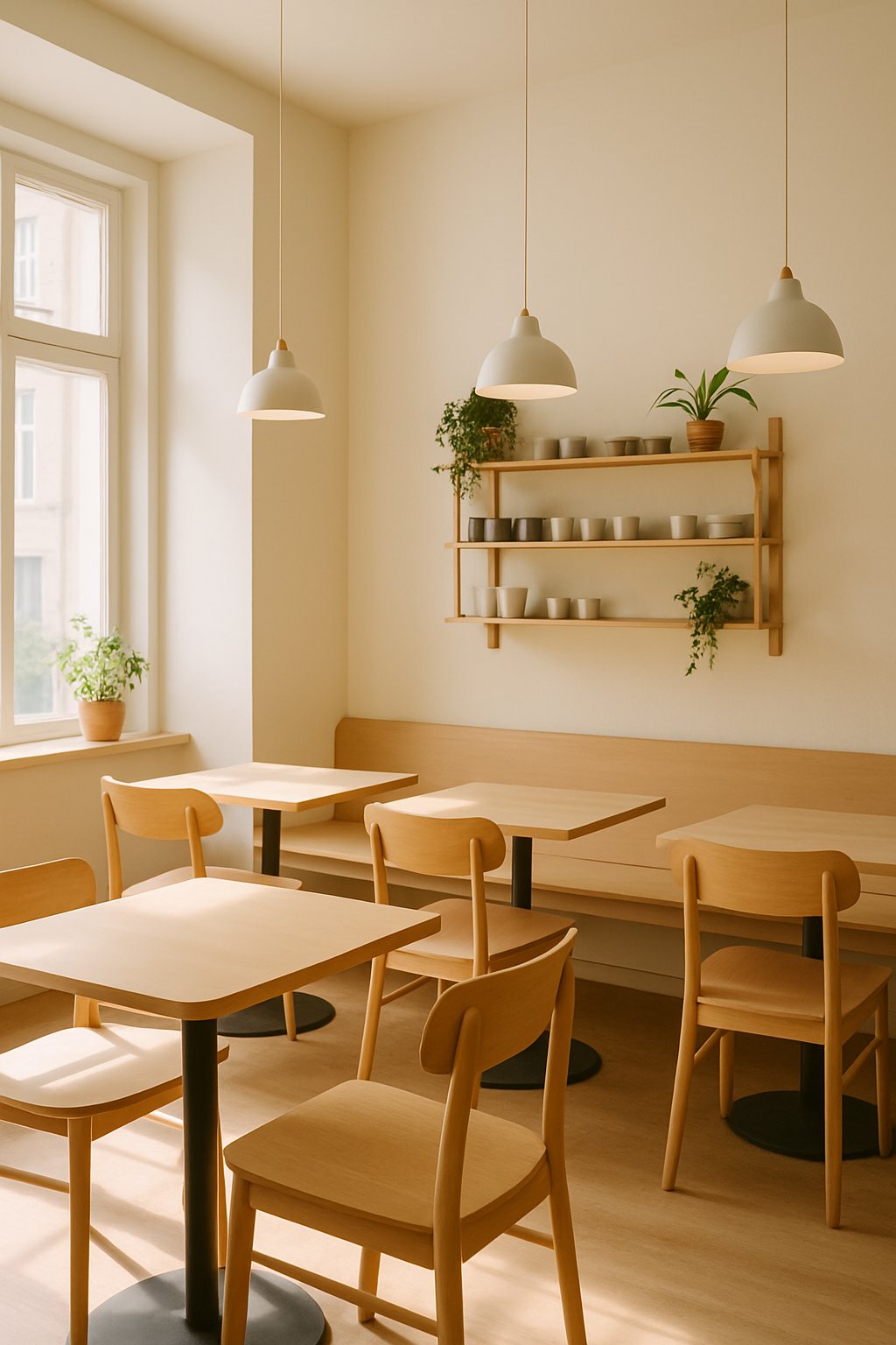 Bright Scandinavian cafe interior with light wood tables and minimalist shelving
