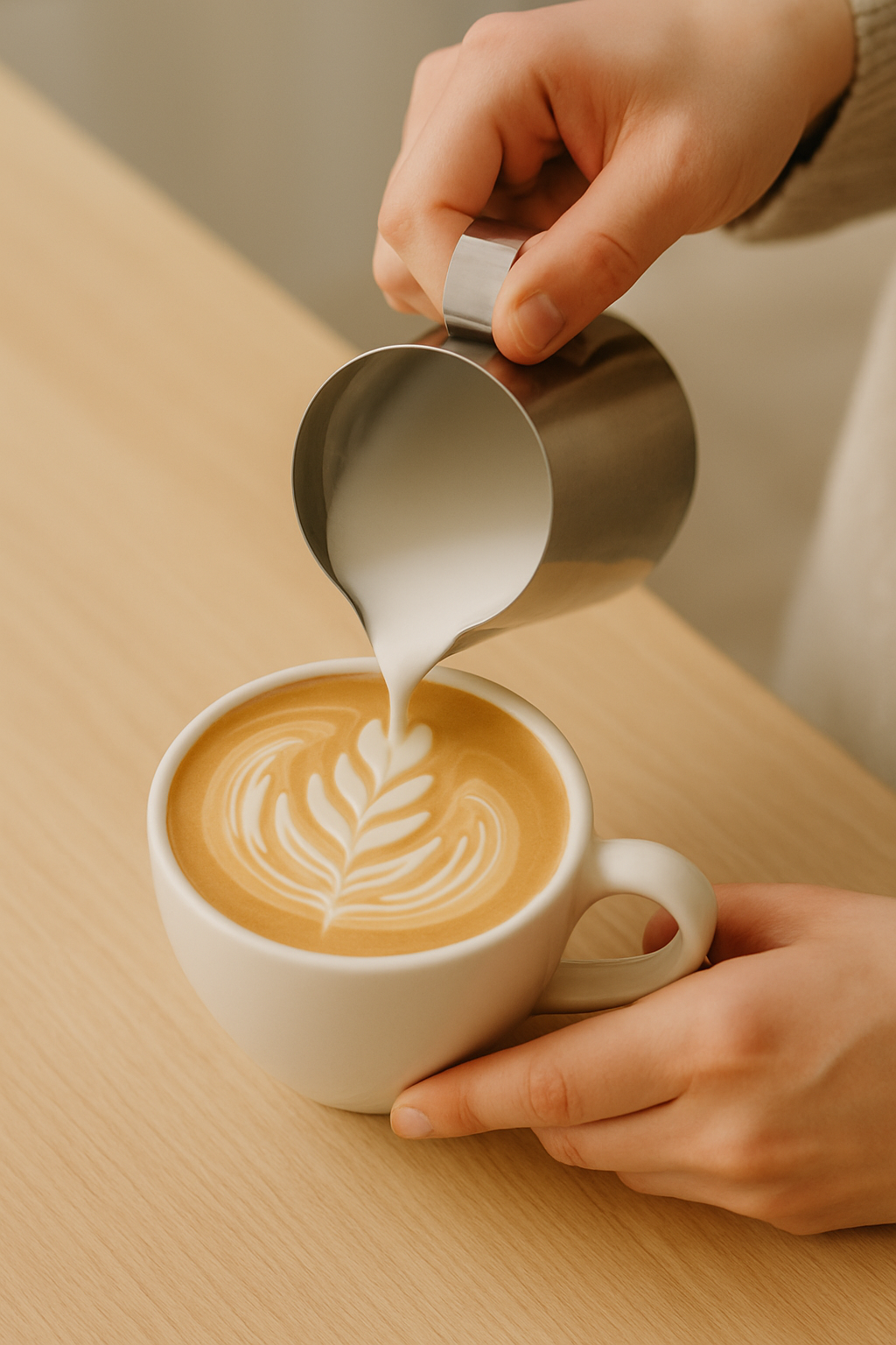 Barista pouring steamed milk into a ceramic latte cup creating latte art