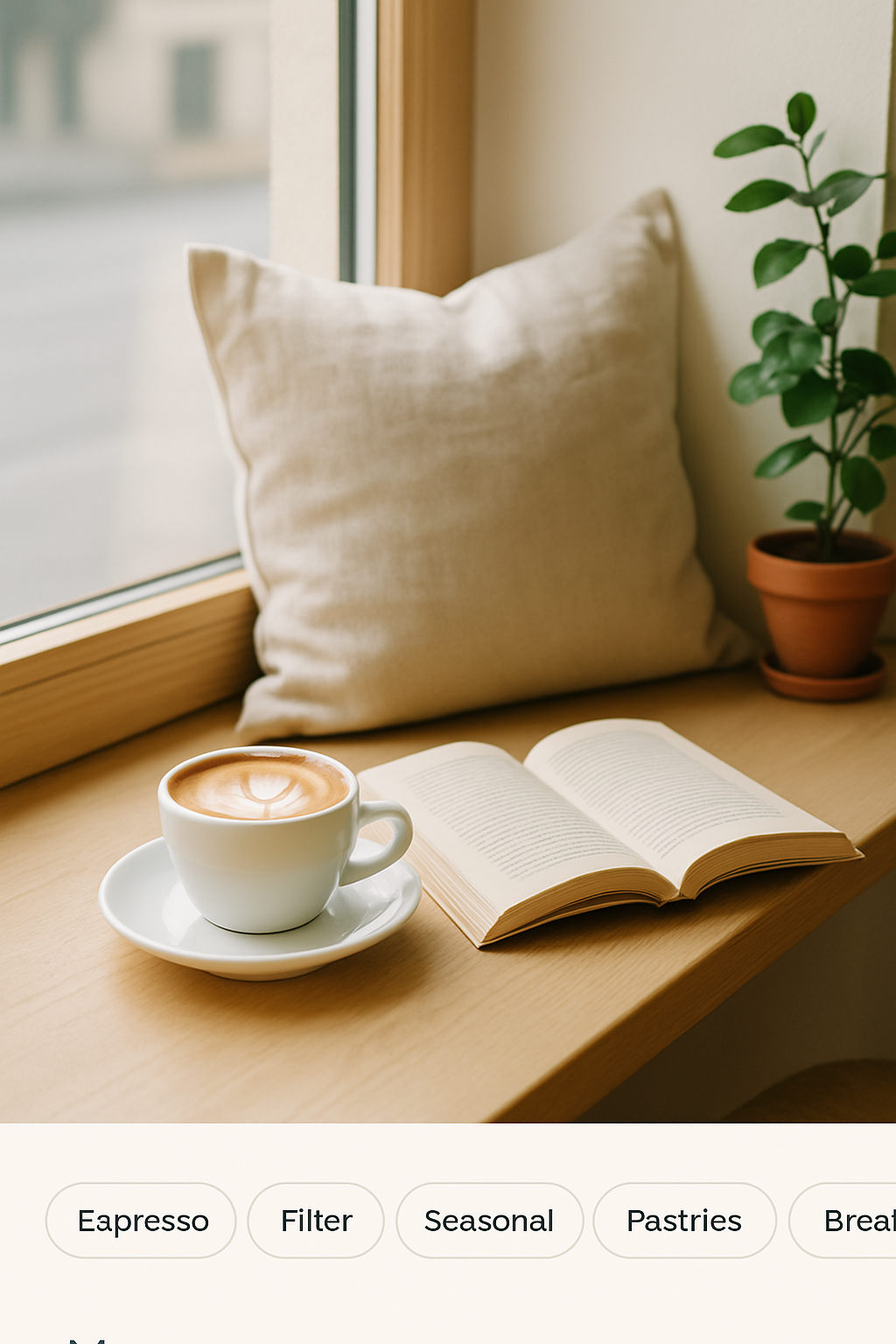 Cozy window seat with a cappuccino and an open book in soft morning light