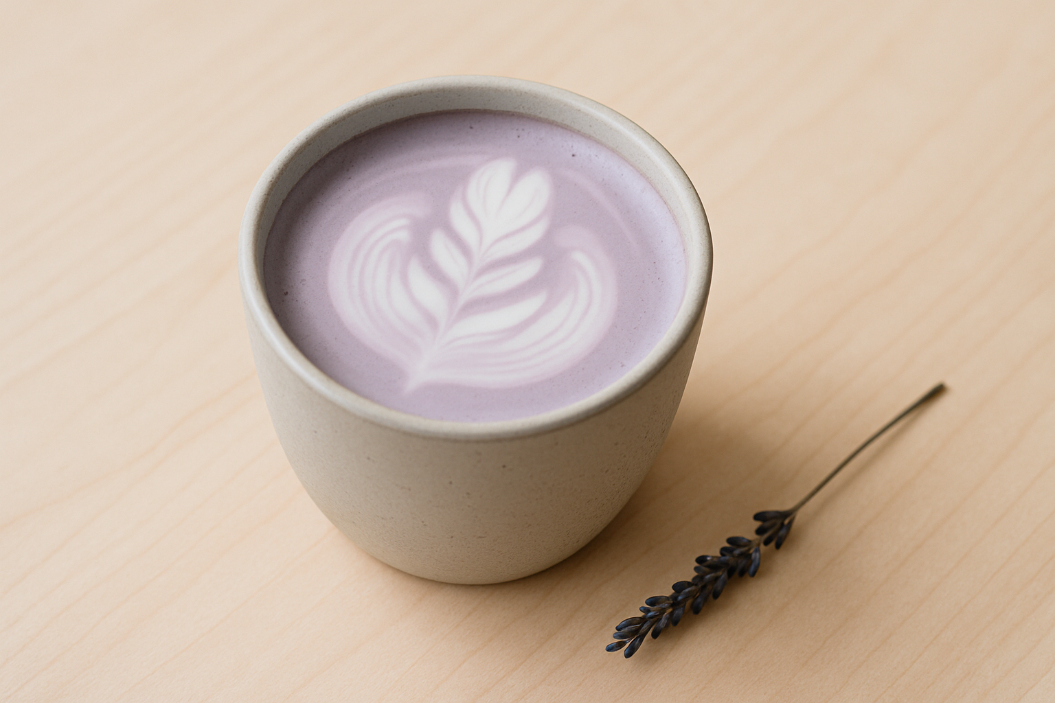 Lavender oat milk latte in a ceramic cup on a light wood table