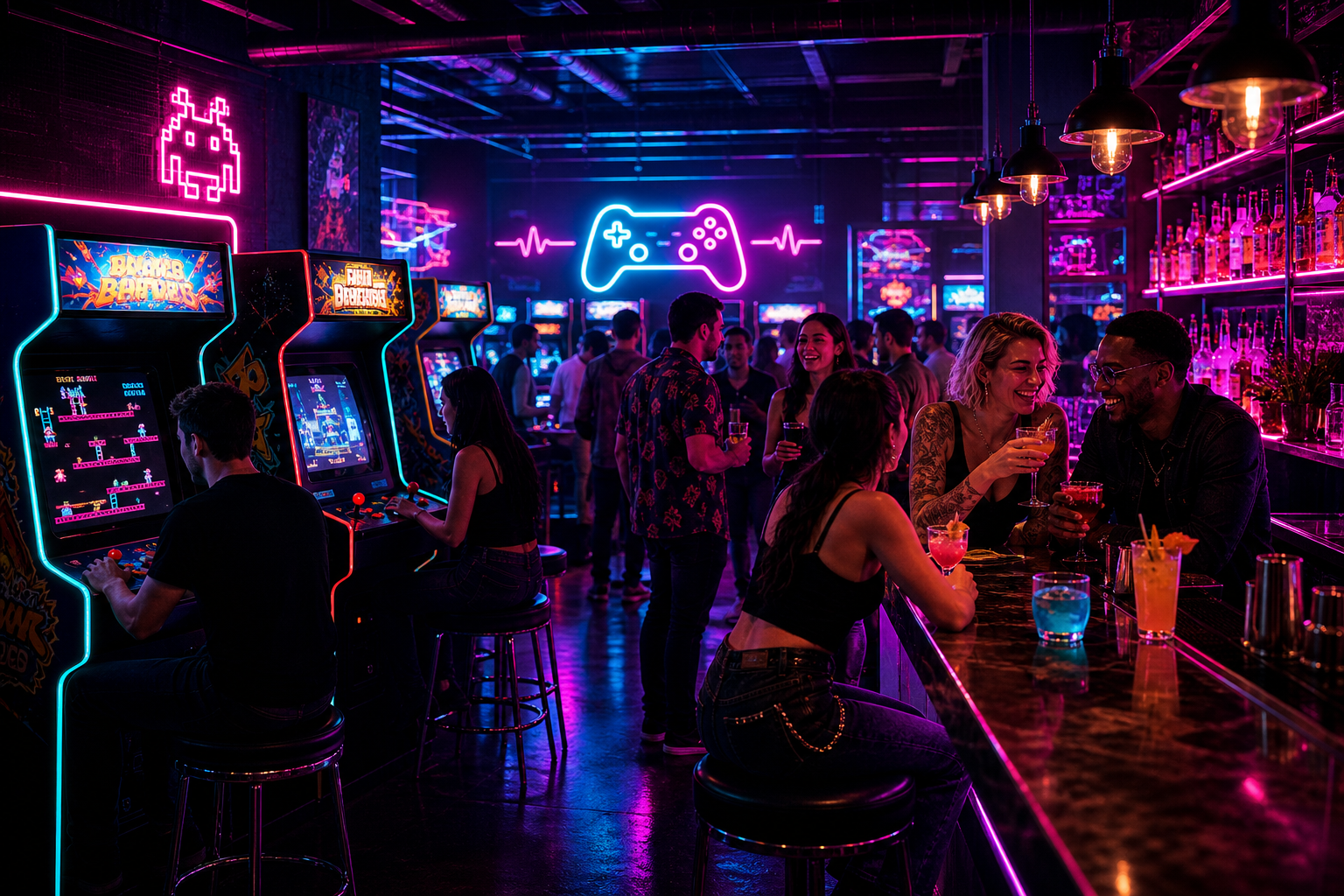 Neon-lit retro arcade bar with glowing cabinets, colorful cocktails, and a lively crowd