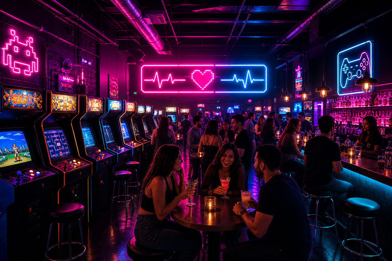 Neon-lit arcade bar interior with classic cabinets, glowing signage, and people gathered around cocktail tables