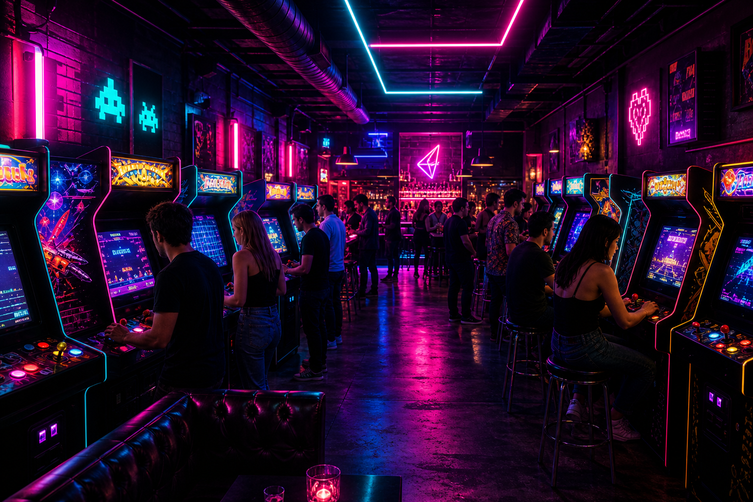 Wide view of a neon-lit arcade bar with glowing cabinets, colorful lights, and a lively crowd