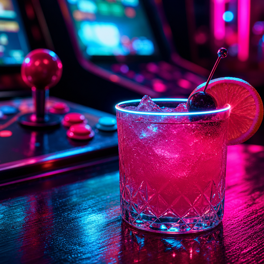 Close-up of a neon cocktail with cyan and magenta lighting beside arcade controls