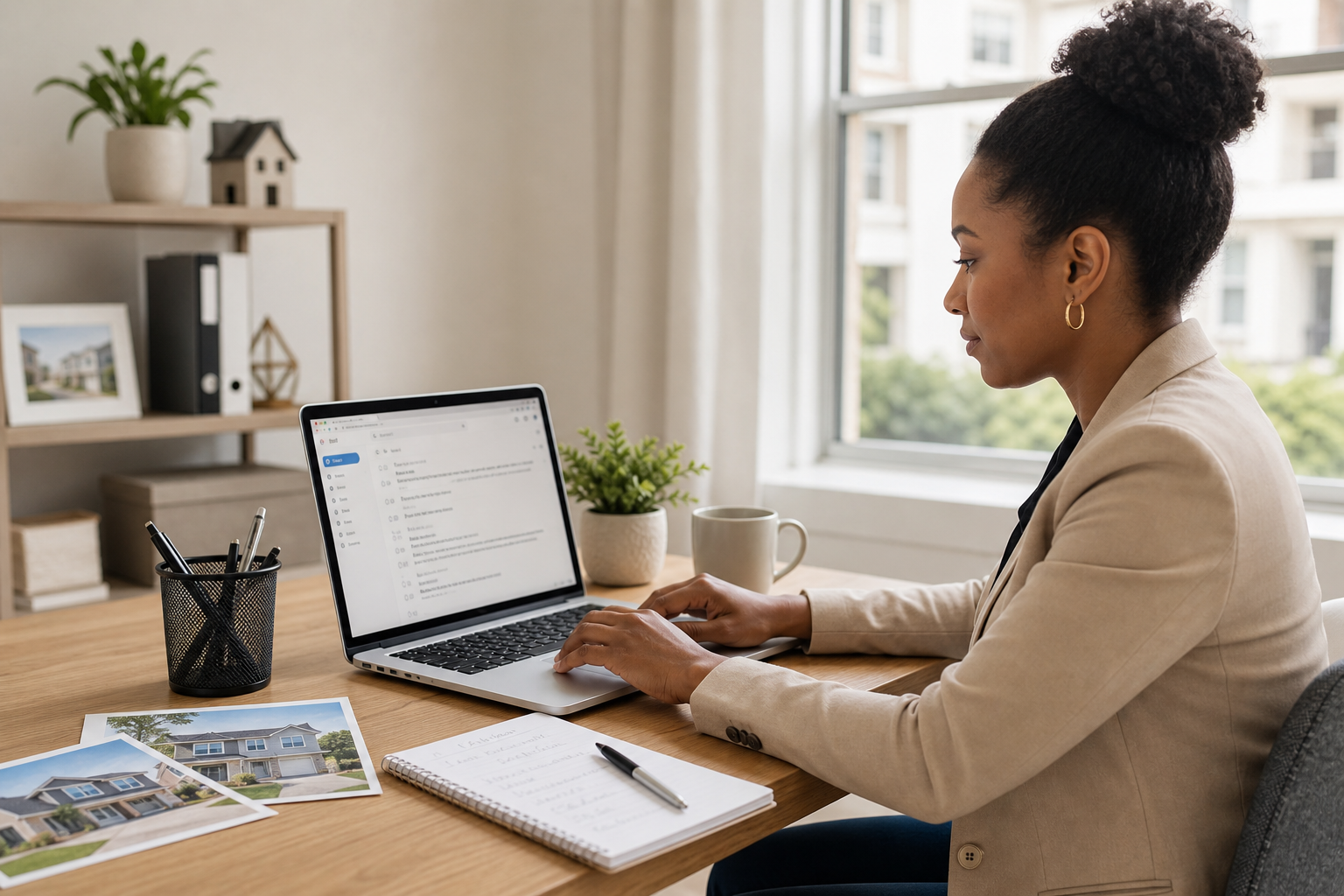 Professional property advisor at a laptop reviewing enquiry emails in a bright office