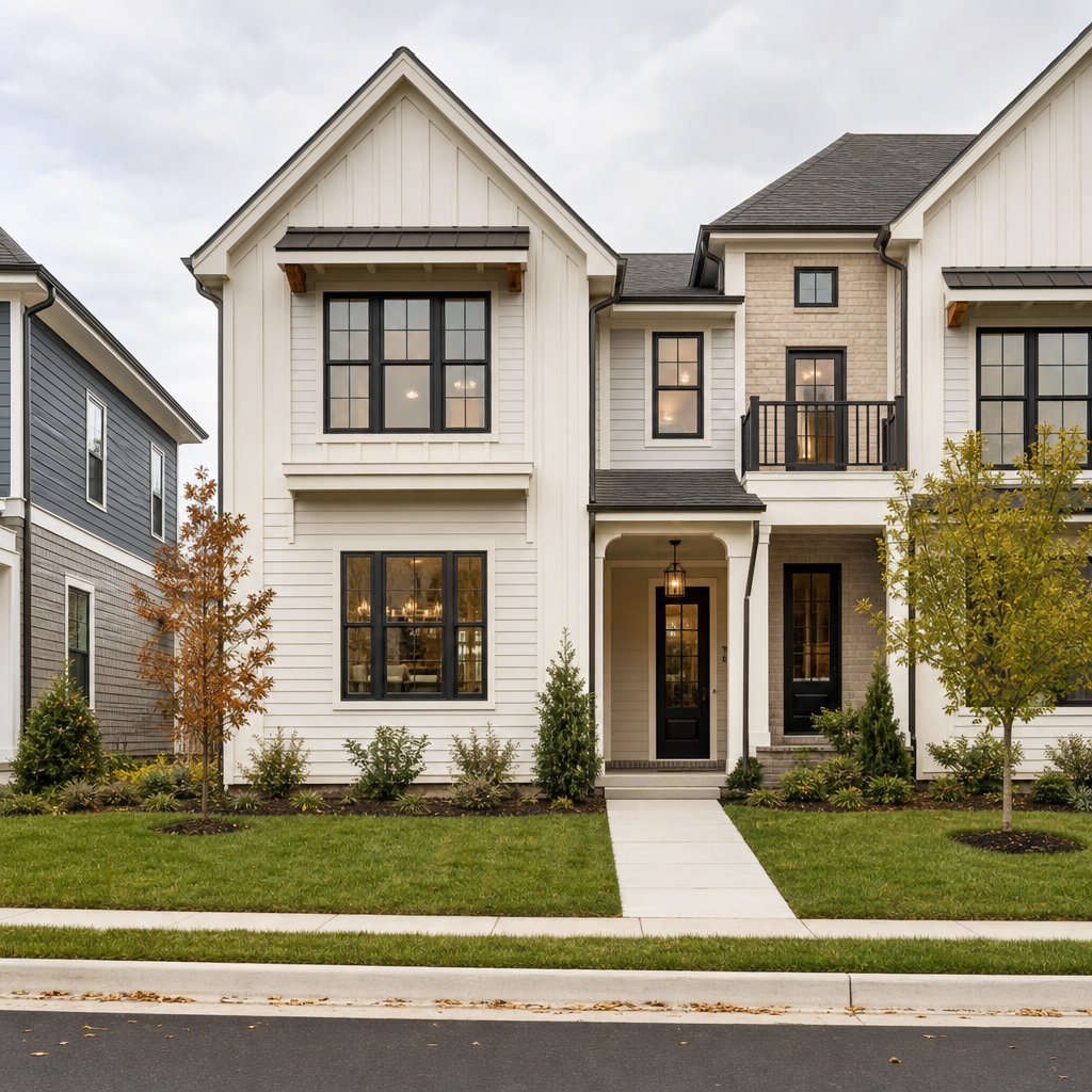 Framed exterior photo of a welcoming modern townhouse available for rent or sale with clean landscaping