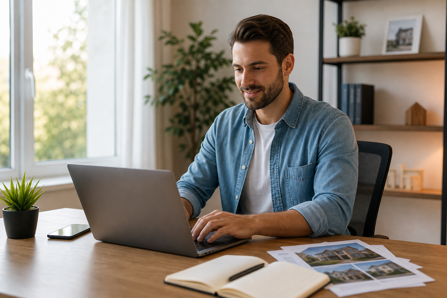 Professional remote listing specialist working on a laptop in a bright home office with property notes and a calm, trustworthy atmosphere