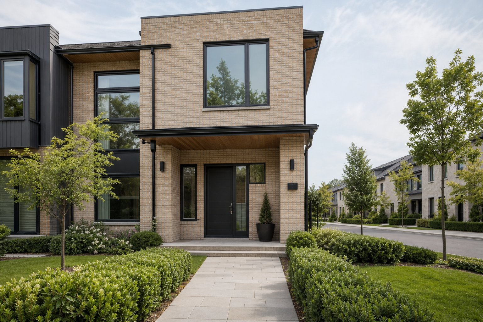 Bright modern townhouse exterior with clean landscaping and front steps, representing UK and USA residential opportunities