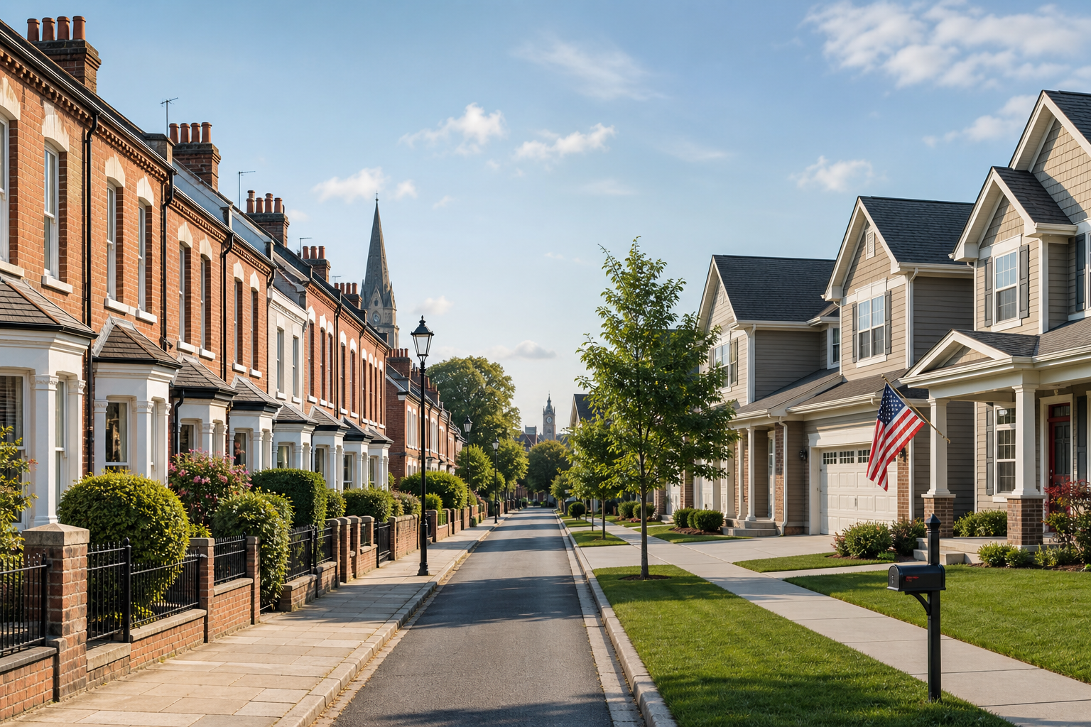 Split-style property scene showing classic UK row houses and modern USA residential homes