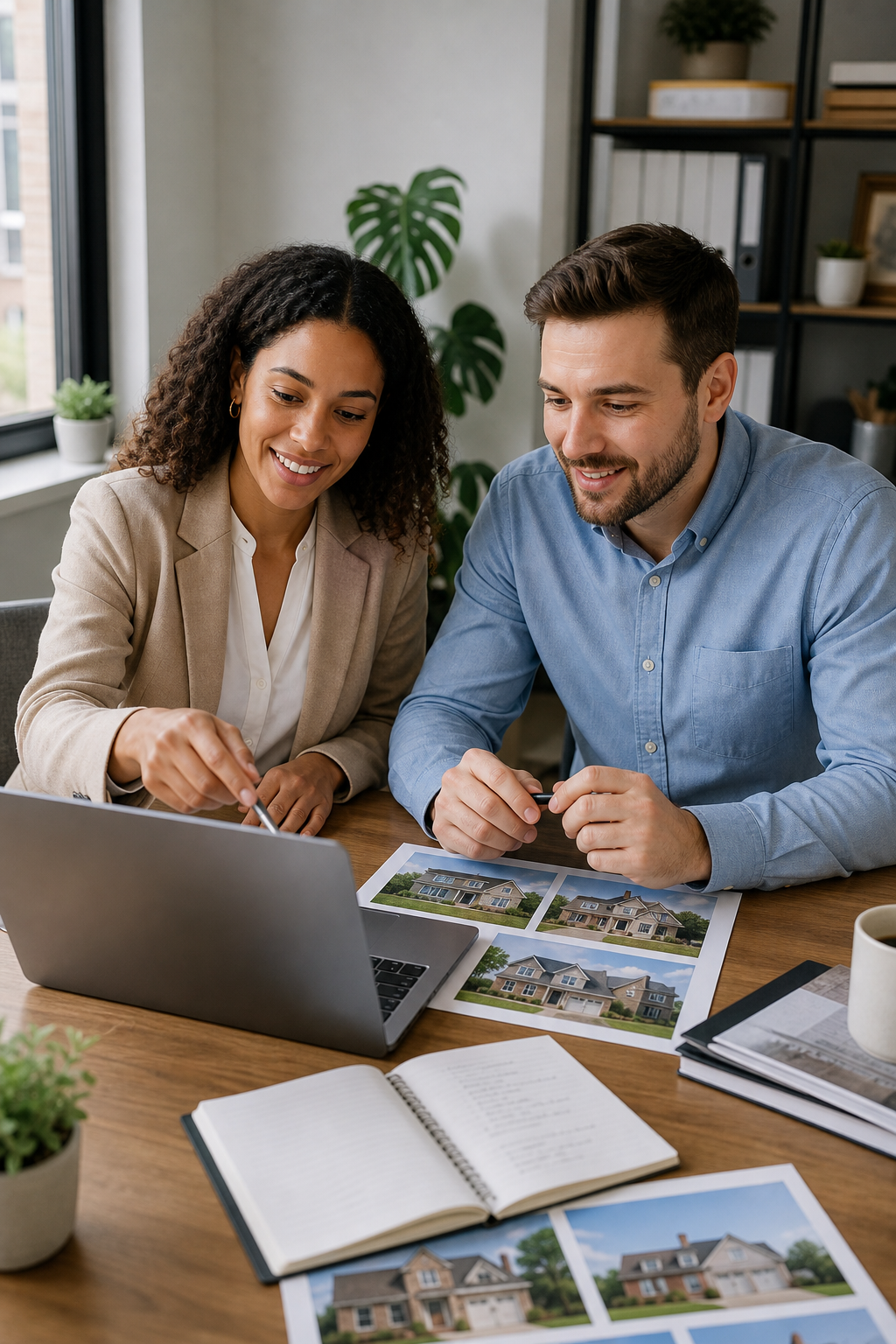 Two property marketing professionals in a bright office reviewing rental and sale listings on a laptop with a welcoming, collaborative tone