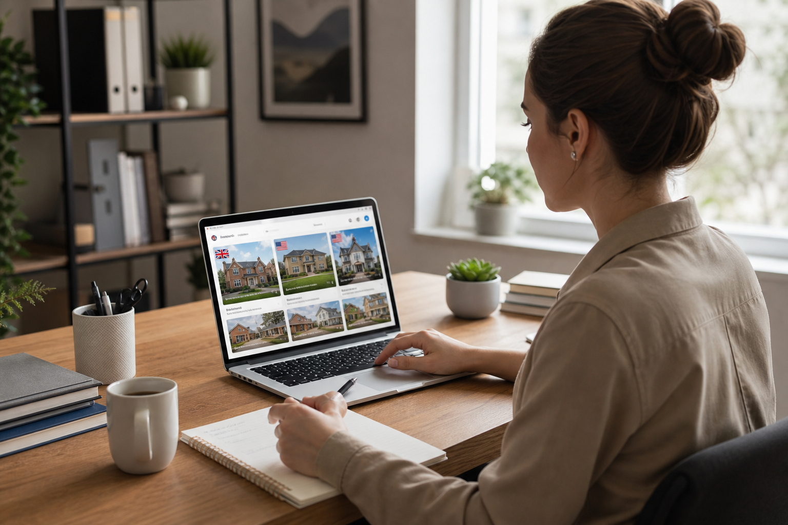 Remote listing specialist working from a calm desk setup with a laptop showing UK and USA property social media posts