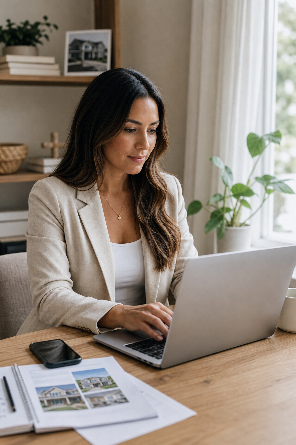 Remote listing specialist working at a home desk with laptop, phone, and property notes in natural daylight