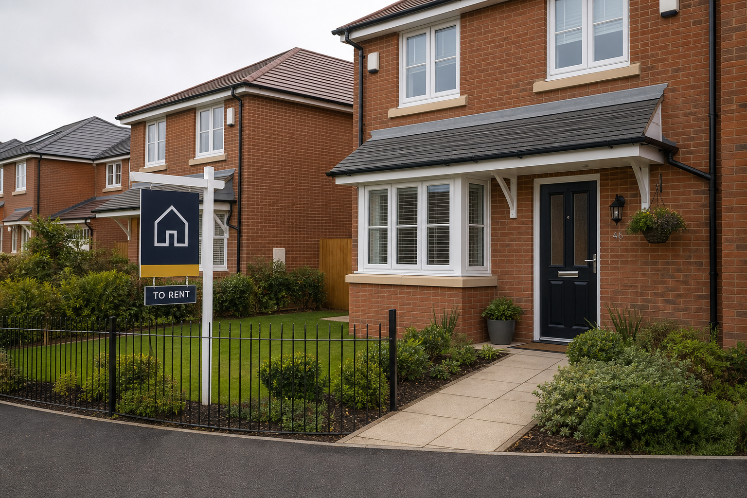 Contemporary brick townhome with a small front garden and tidy rental sign in a calm neighborhood