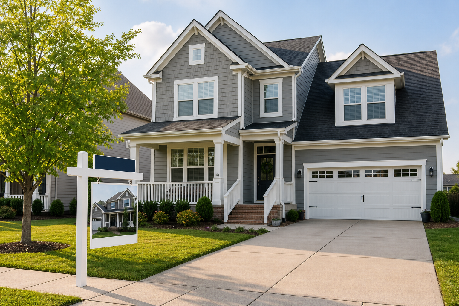 Detached suburban family home with a driveway, trimmed lawn, and for-sale board