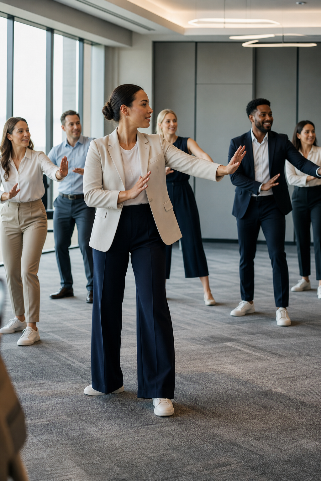 Professional facilitator guiding a corporate team through a structured dance workshop in a modern office event space