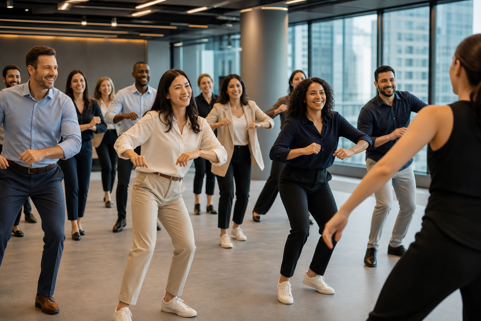 Professional corporate team participating in a guided dance workshop in a modern office event space