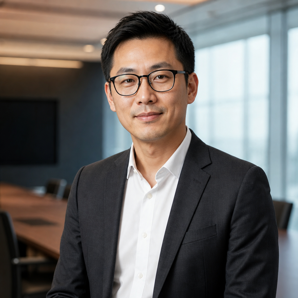 Daniel Cho, strategy-focused facilitator in charcoal suit with neutral conference-style backdrop