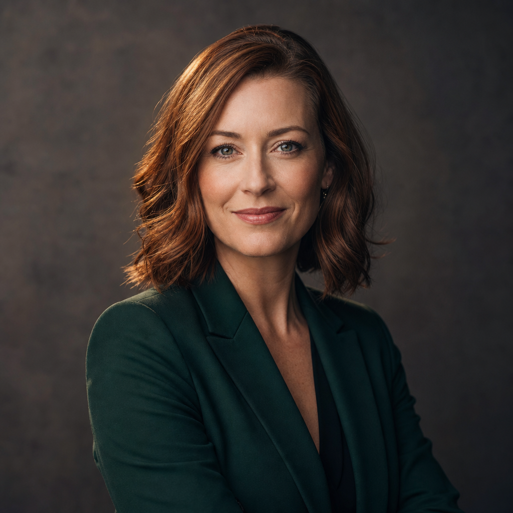 Isabelle Ford, client partnership manager in deep green blazer with refined studio portrait style