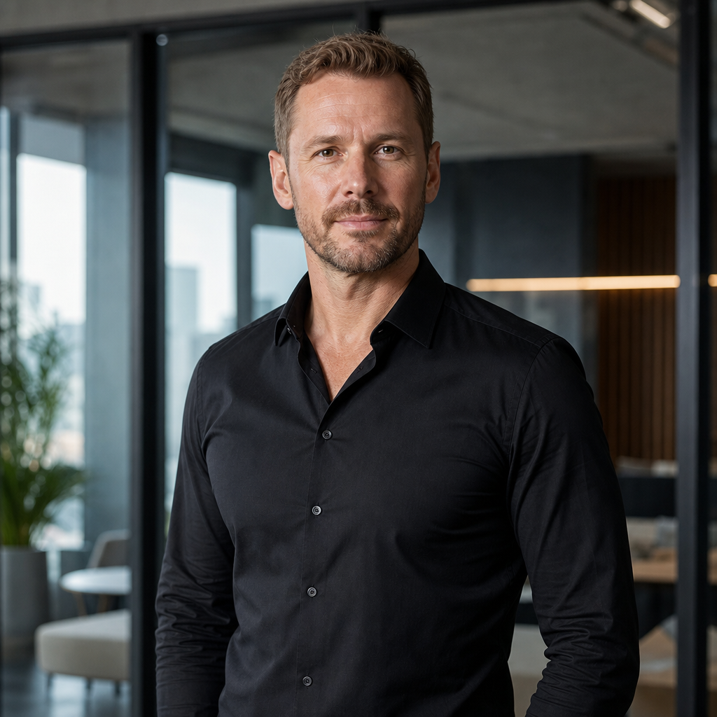Lucas Bennett, operations-minded workshop lead in tailored black shirt with modern office backdrop