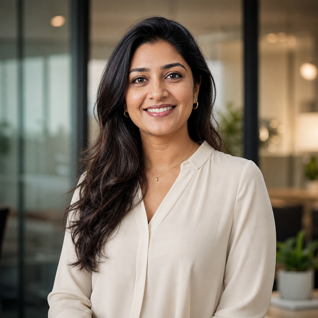 Priya Narayan, culture and engagement specialist in cream blouse with warm professional lighting