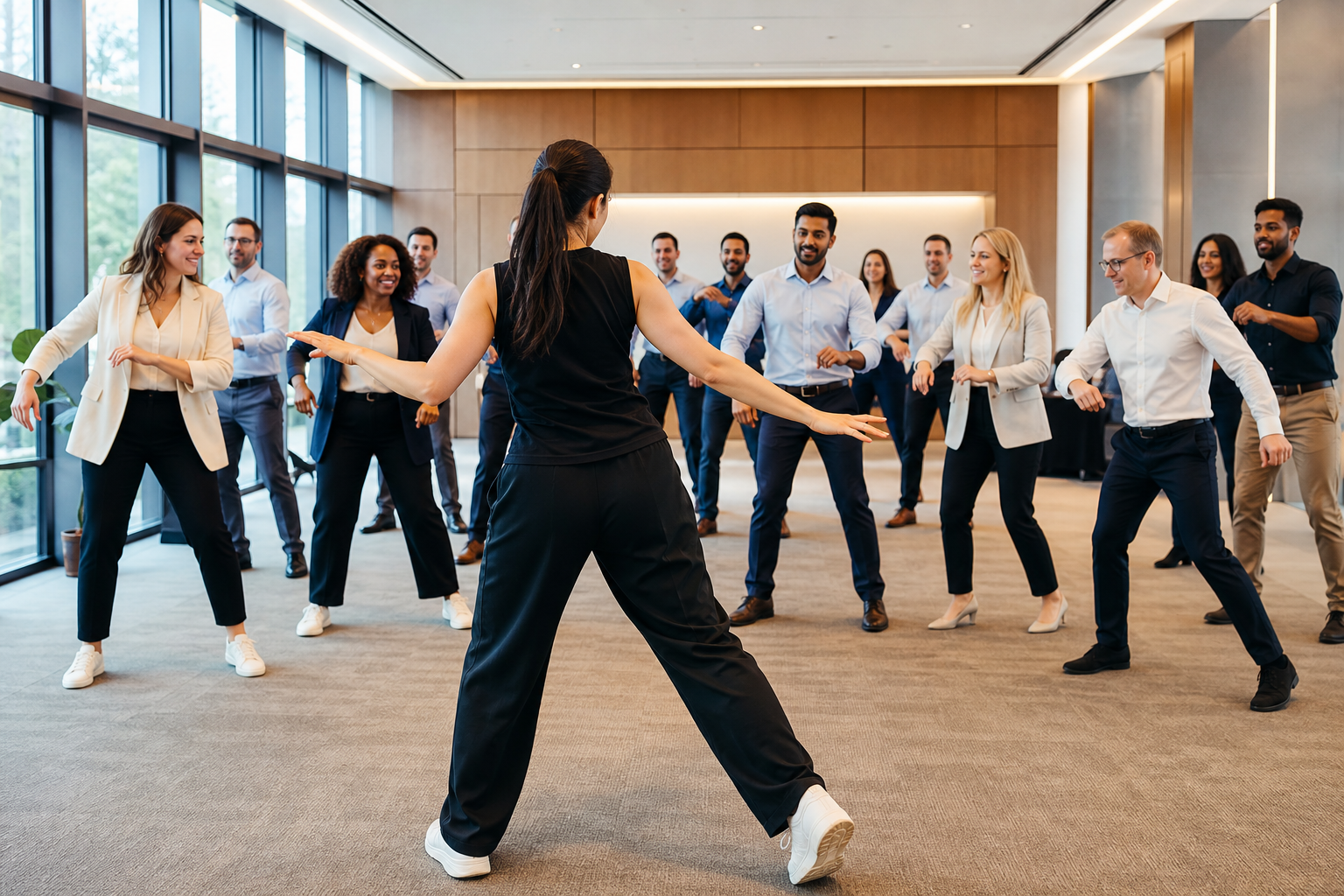 Professional dance facilitator leading a corporate group workshop in a modern office event space