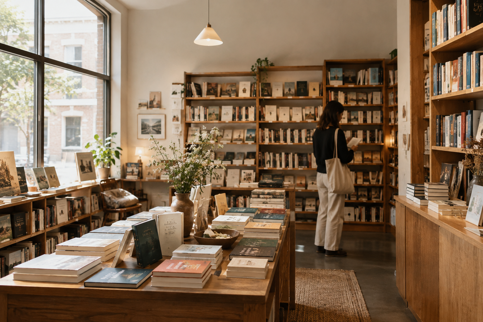 Softly lit independent bookshop interior with wooden shelves, stacked books, paper textures, and warm reading corners